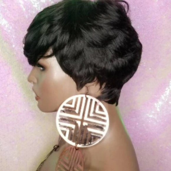 Razor Cut Pixie Cut Peruvian Remy Human Hair Wig Swoop Bang Black Hair Wig - Picture 6 of 7
